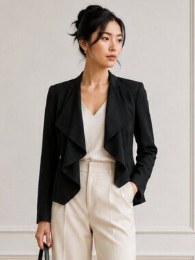 Vintage Cache Black Open Front Blazer Women’s 8 Ruffled Dressy Suit Jacket